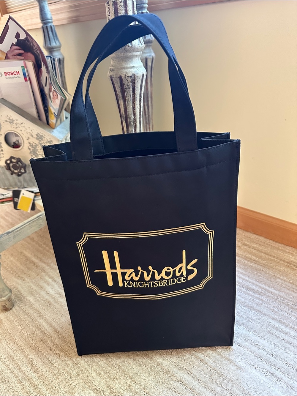 Vintage Harrods Knightsbridge Tote Bag London England Shopping Bag Black Gold
